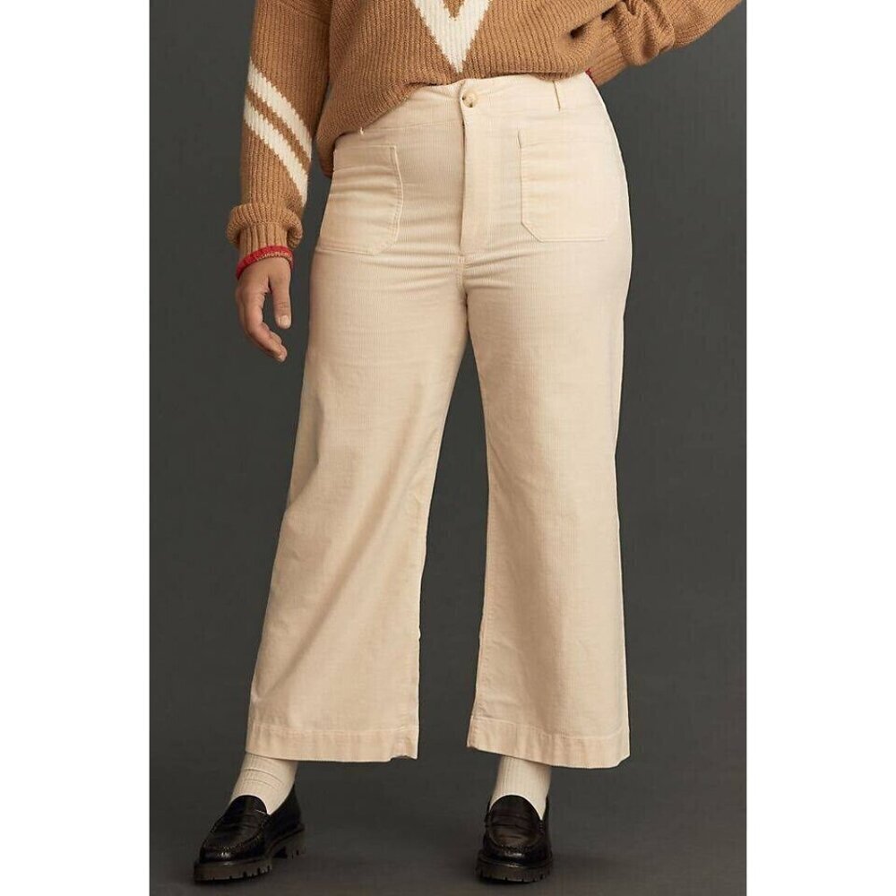 NWT Anthropologie Colette Cropped Wide-Leg Corduroy Pants 16W Ivory Cream - Picture 2 of 9